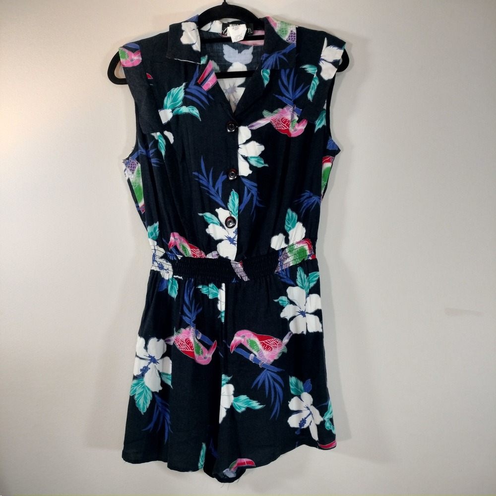 Stoplight California Vintage Tropical Bird Floral Romper Navy Blue Rayon Size L